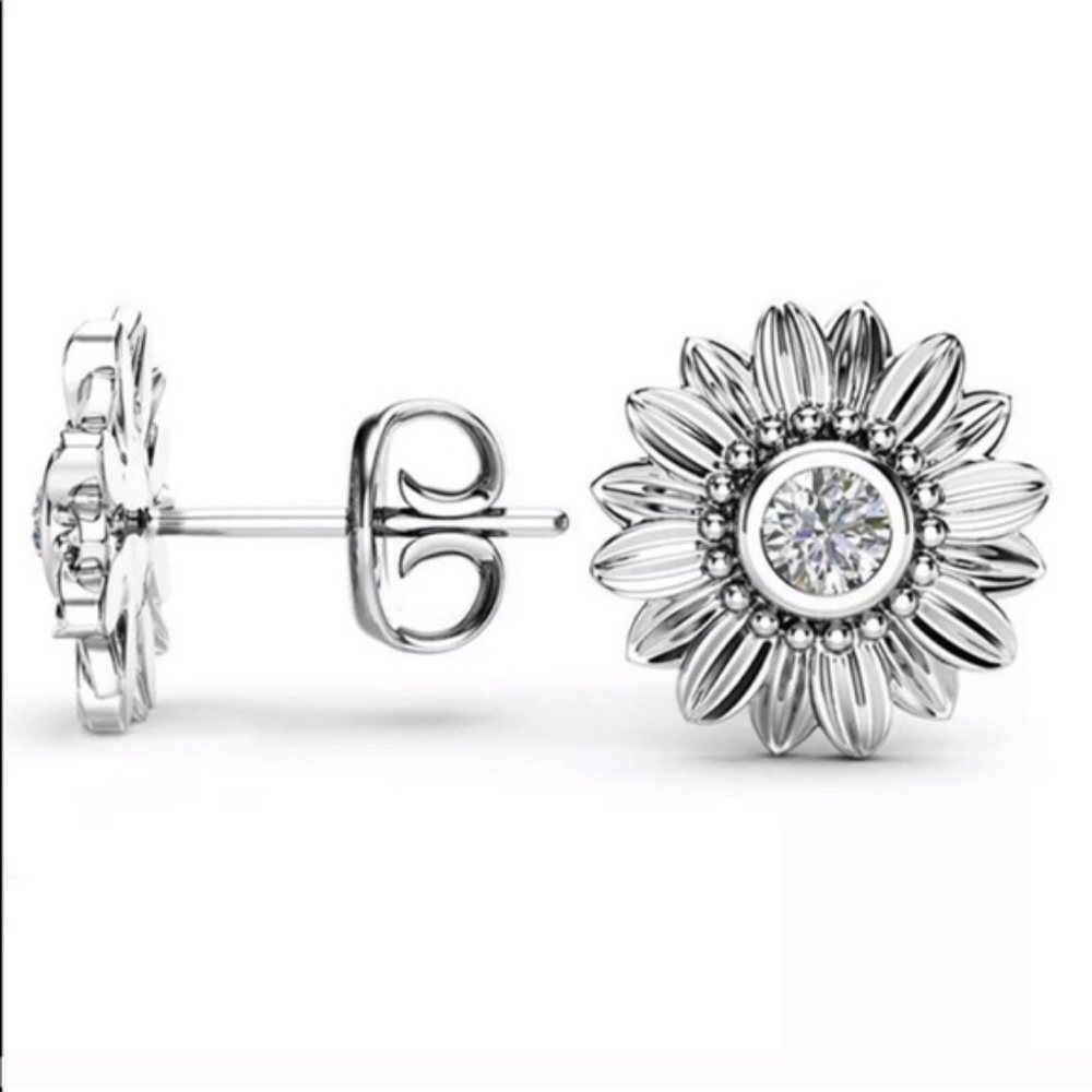Silver Flower Sunflower Stud Earrings ear ring - Picture 2 of 3